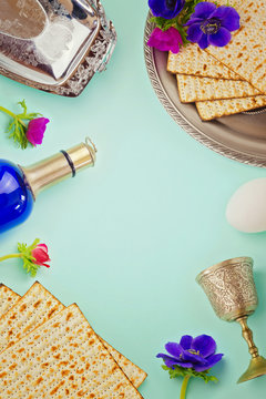 Passover background with matzo, wine and flowers