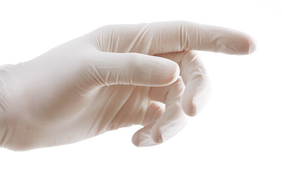Doctor hand in sterile gloves showing sign, isolated