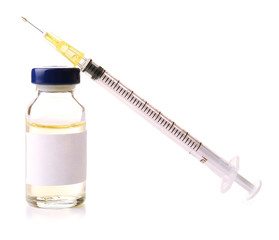 Medical ampule with syringe isolated on white