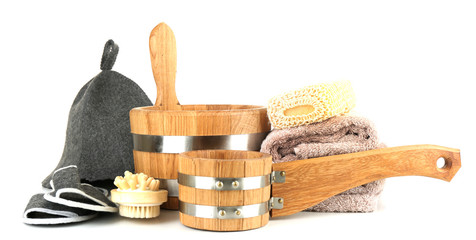 Accessories for sauna, isolated on white