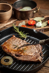 Fried beef steak.