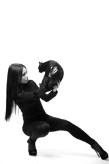 Women and cats. black and white photo.