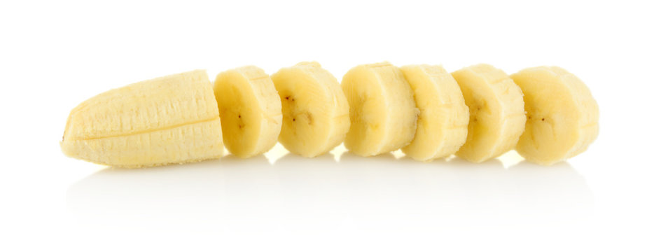 Closeup photo of sliced banana on white background