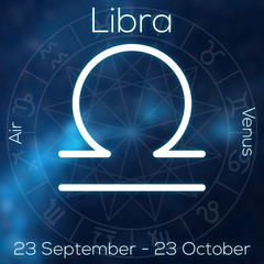 Zodiac sign - Libra. White line astrological symbol with caption