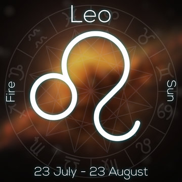 Zodiac sign - Leo. White line astrological symbol with caption