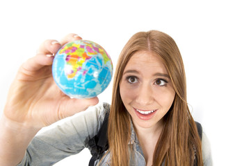 woman holding little world globe choosing travel destination
