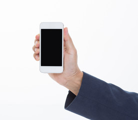 Businessman hand holding mobile phone on white background