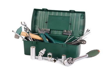 Box with construction tools isolated