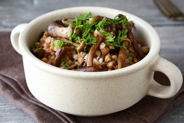 Nutritious Buckwheat with mushrooms in a bowl