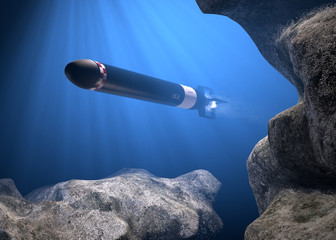 Underwater Torpedo Aimed at Target. Simulation - obrazy, fototapety, plakaty