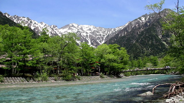 Kappa bridge and hotaka mountain with clear stream in kamikochi