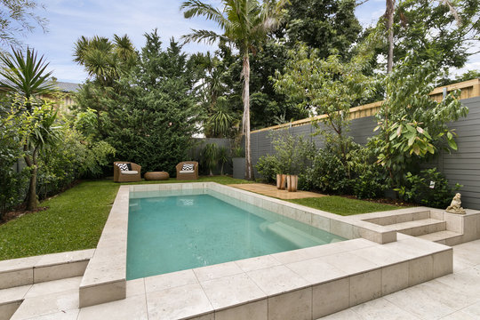 Backyard with swimming pool and patio area