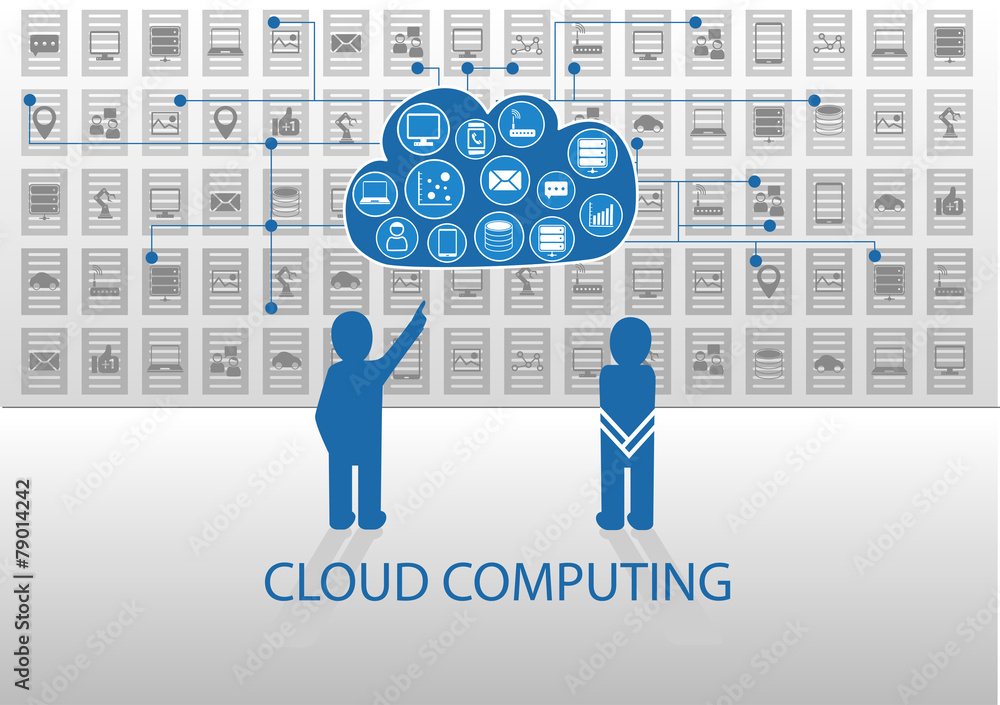 Poster vector illustration of icon persons in front of cloud computing