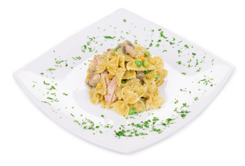 Pasta with green peas and corn.