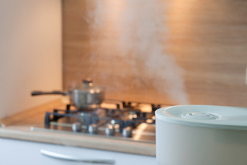 Humidifier spreading steam into the kitchen with pan on the oven