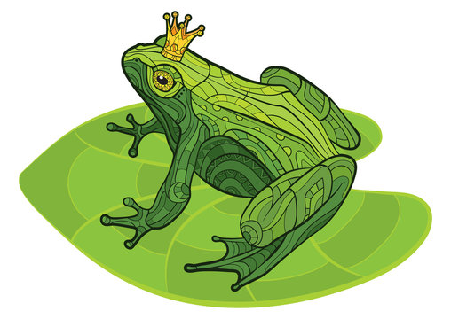 Decorative frog with crown on the leaf. Vector illustration