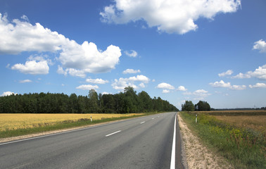 Scenic empty road among yellow rape field