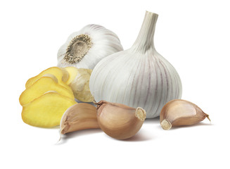 Ginger garlic composition isolated on white background