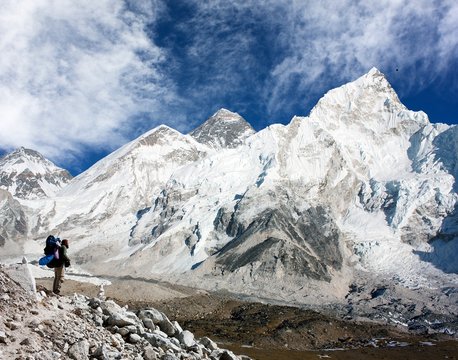 Mount Everest with beautiful sky and tourist