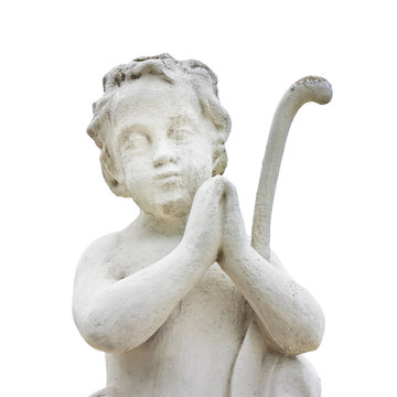 Statue of a cherub praying on white background