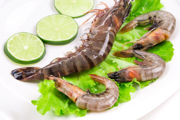 Raw shrimps on plate.