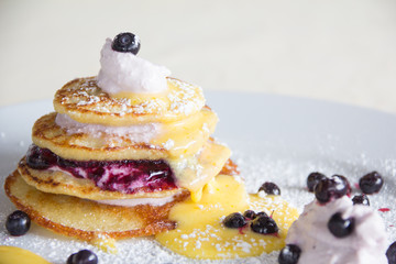Homemade Pancakes With Lemon And Blueberry Cream