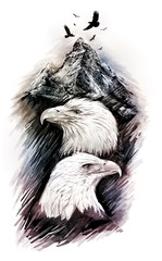 Two eagles among mountains. Graphic drawing.