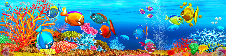 Aquarium mit Korallenriff, Korallenfische. Illustration