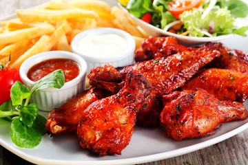 Mouth Watering Fried Chicken on Plate with Sauces