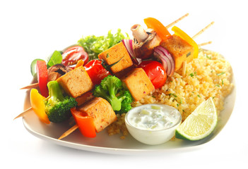 Tofu Kebabs on Flavored Rice with Mustard