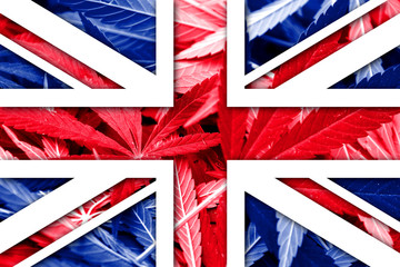United Kingdom Flag on cannabis background. Drug policy.