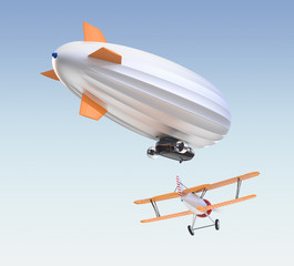 Obraz premium Airship and biplane flying in the sky (rear camera view)