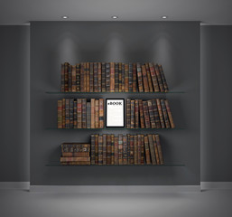 Tablet/ebook among books on shelf. Evolution of technology.
