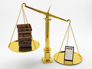 Books and e-book on the scales of justice.