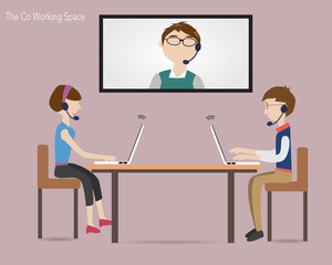 Two people in co working space  and online conference