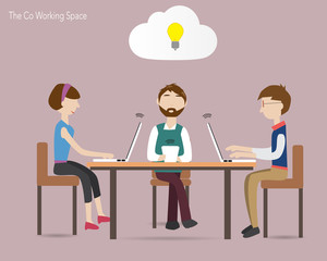 Three people in coworking space  and cloud concept