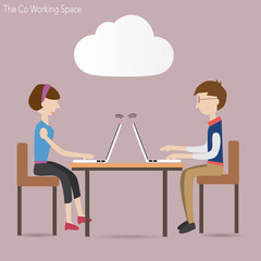 Two people in co working space  and cloud concept