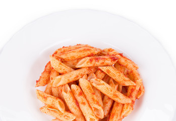 Pasta penne rigate with tomato sauce.