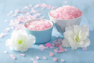 spa aromatherapy set with azalea flowers and herbal salt