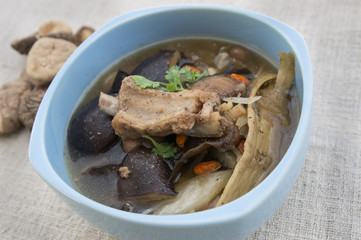 oriental pork ribs soup with chinese herb and mushrooms .