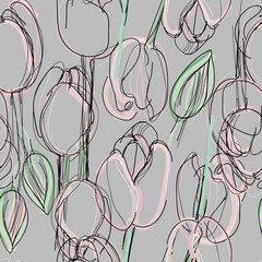 Tulip seamless pattern / Sketch of pink spring flowers - 79031095
