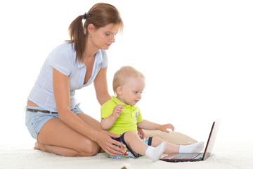 Happy family with notebook.