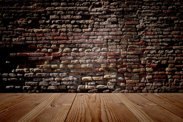 Conceptual old vintage brick wall and wood floor