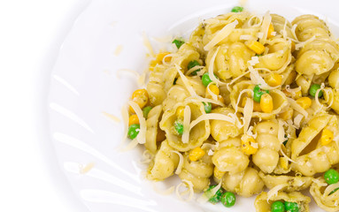 Pasta with cheese and pesto.
