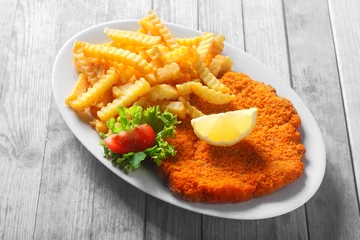 Gardinen Tasty Recipe of Crumbled Escalope with Fried Fries © exclusive-design