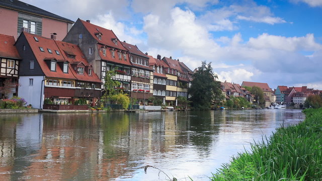 River and vintage houses in Bamberg, Germany, timelapse