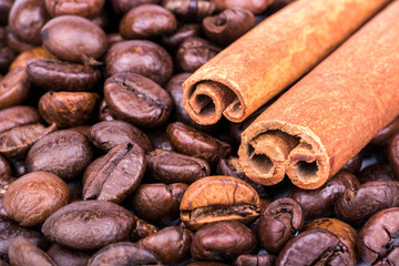 Cinnamon sticks with coffee beans
