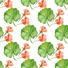 Seamless vector pattern with watercolor Geranium leaves and flow