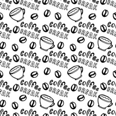 Seamless coffee pattern with coffee grains, cups and lettering -