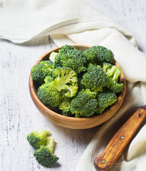 Fresh sliced broccoli in wooden bowl